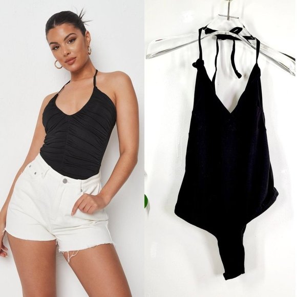 MISSGUIDED Black Strappy Bodysuit 8 MEDIUM‎ Stretch Halter Career Basic Minimal - Picture 1 of 11